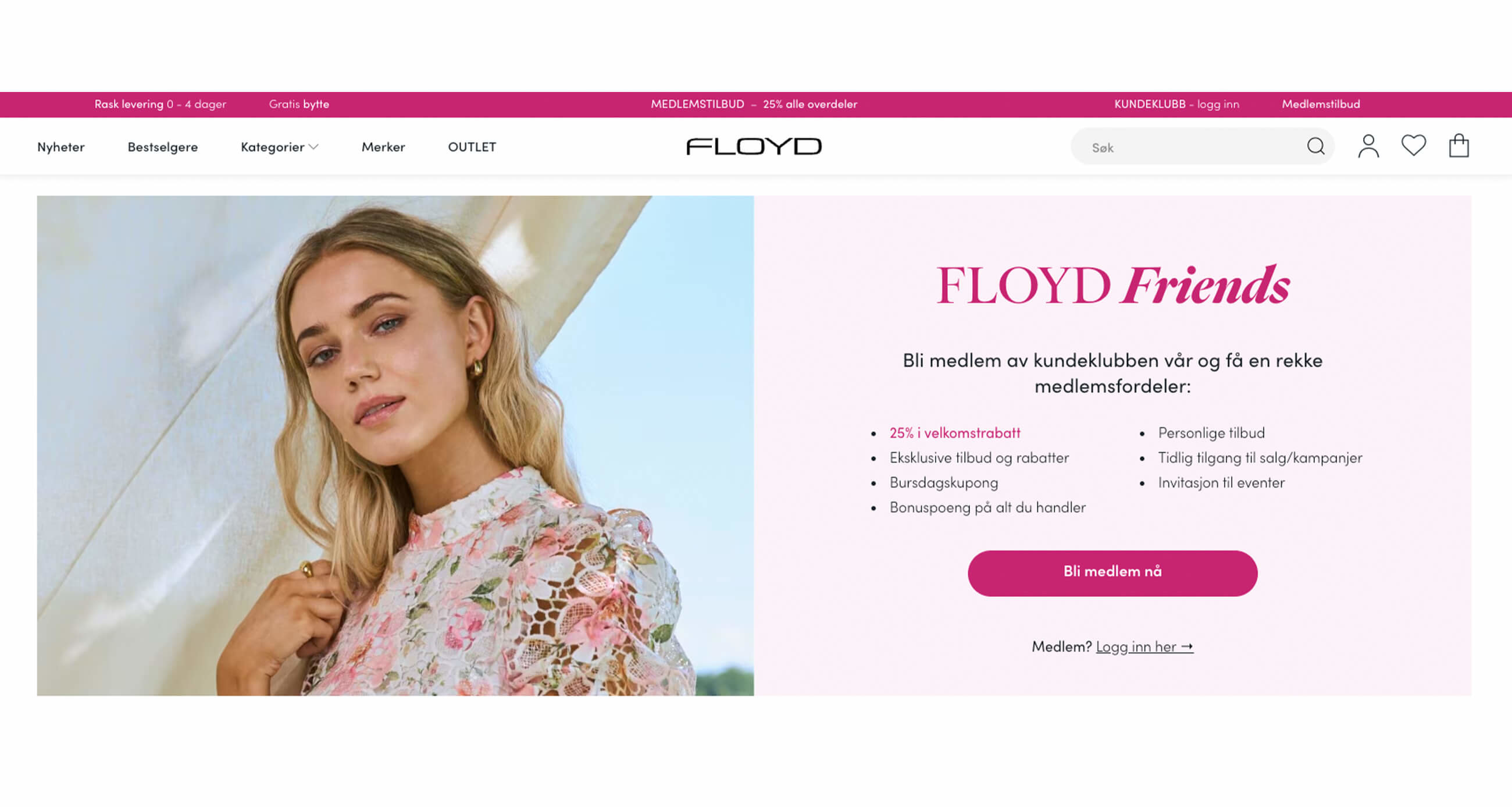 Skjermvisning av floyd.no med påmeldingssiden for FLOYD Friends kundeklubb, som lister opp medlemsfordeler og påmeldingsknapp.