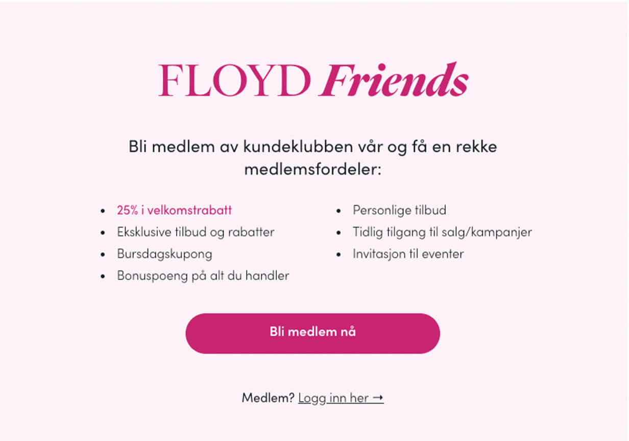 Skjermvisning av floyd.no med påmeldingssiden for FLOYD Friends kundeklubb, som lister opp medlemsfordeler og påmeldingsknapp.