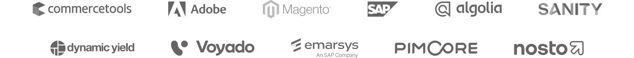 Logoene til CommerceTools, SAP, Magento, Adobe, Dynamic Yield, Voyado, Algolia, Emarsys, Nosto, Santy CMS, Pimcore